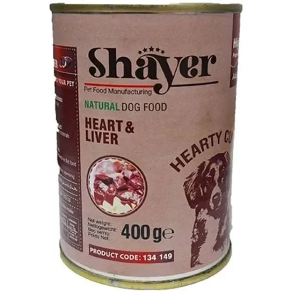 کنسرو سگ شایر طعم دل و جگر مرغ در سس وزن 400 گرم – Shayer Natural Wet Dog Food